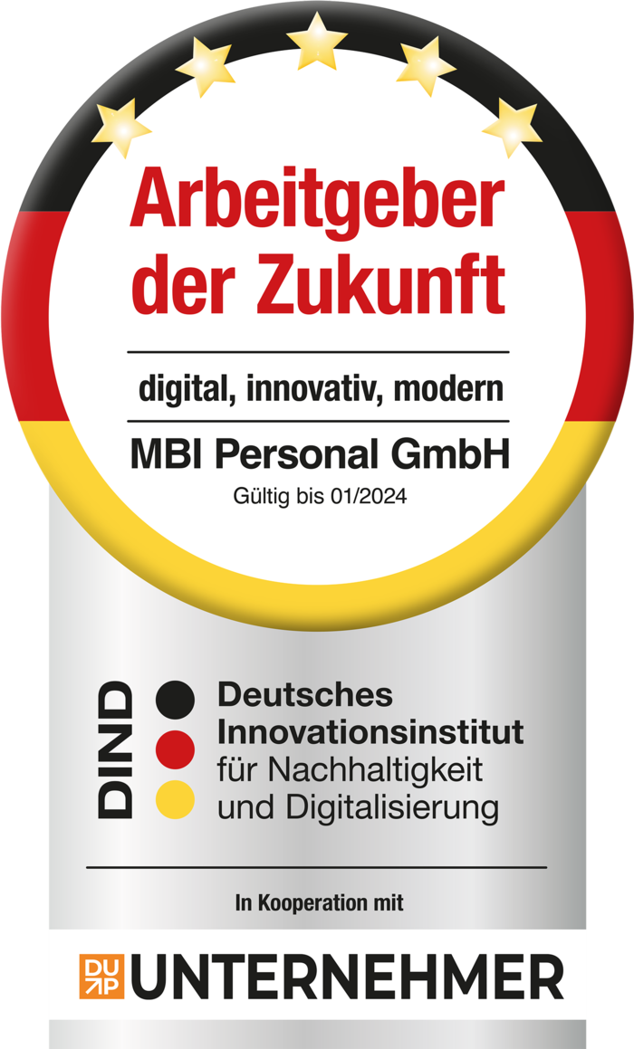MBI Personal GmbH - Arbeitgeber der Zukunft 2023. Deutsches Innovationsinstitut Auszeichnung MBI.